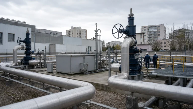 Installation géothermique urbaine avec têtes de puits et canalisations de réseau de chaleur