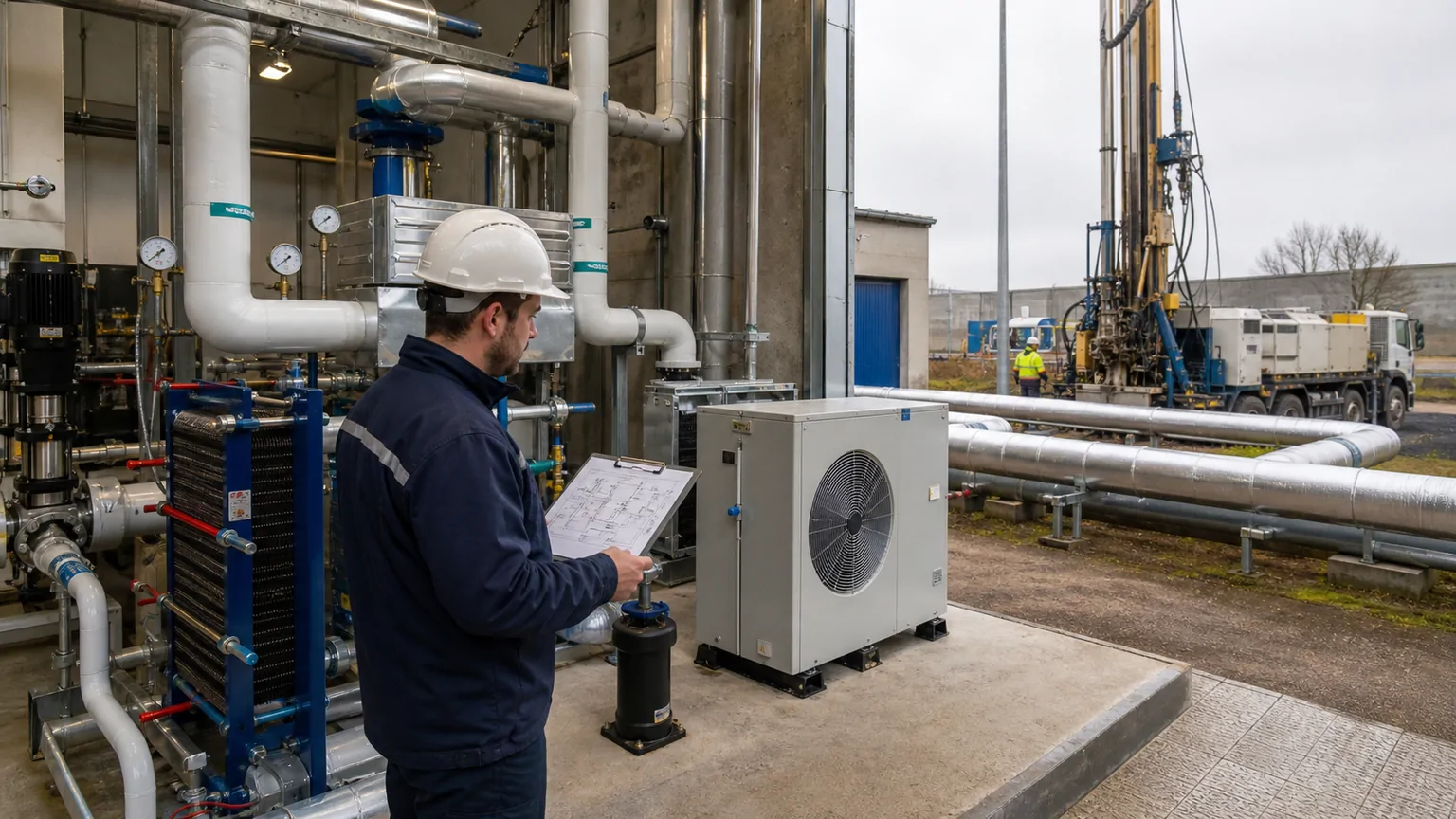 Technicien inspectant des equipements thermiques avec un forage visible en arriere-plan.