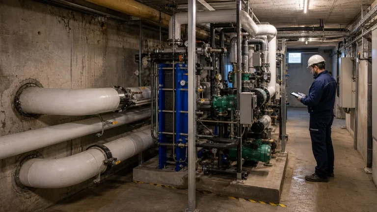 Sous-station de réseau de chaleur dans une chaufferie avec technicien en contrôle