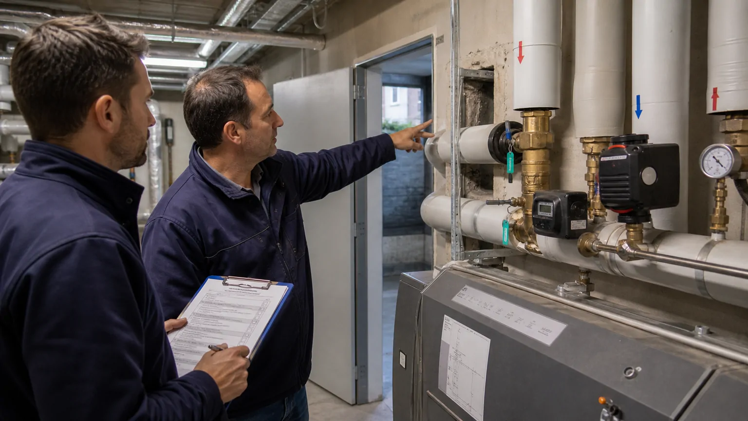 Techniciens controlant des canalisations et une sous-station avant raccordement a un reseau de chaleur.