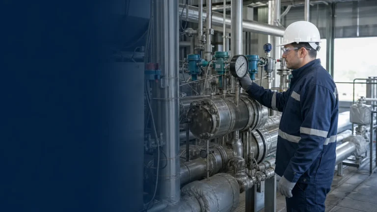 Technicien inspectant la tuyauterie et l instrumentation d une installation géothermique