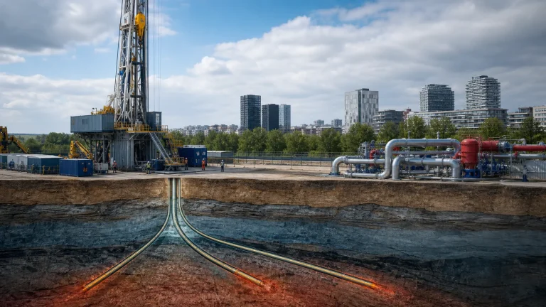 Chantier de forage géothermique avec deux trajectoires inclinées vers un réservoir profond