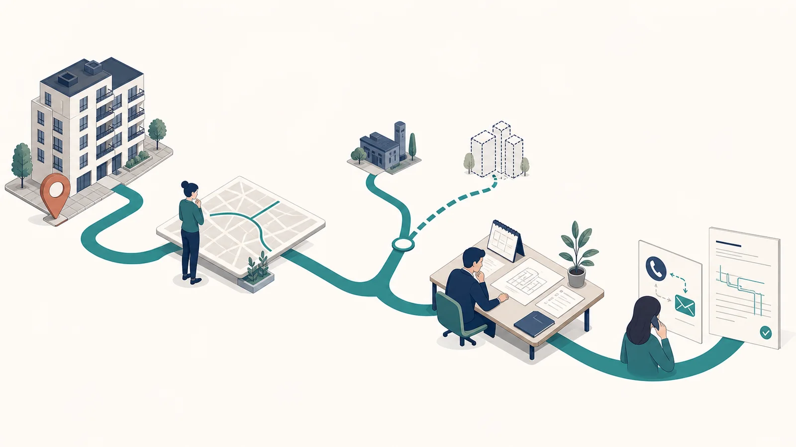 Parcours conceptuel en cinq étapes : rechercher l’adresse, consulter la carte, distinguer réseau existant et projet, vérifier les données puis contacter le gestionnaire