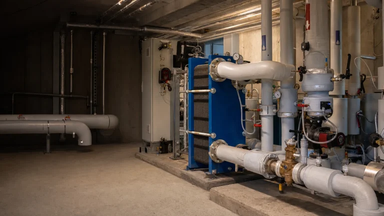 Échangeur à plaques, tuyauteries et organes de régulation dans une sous-station de chauffage urbain
