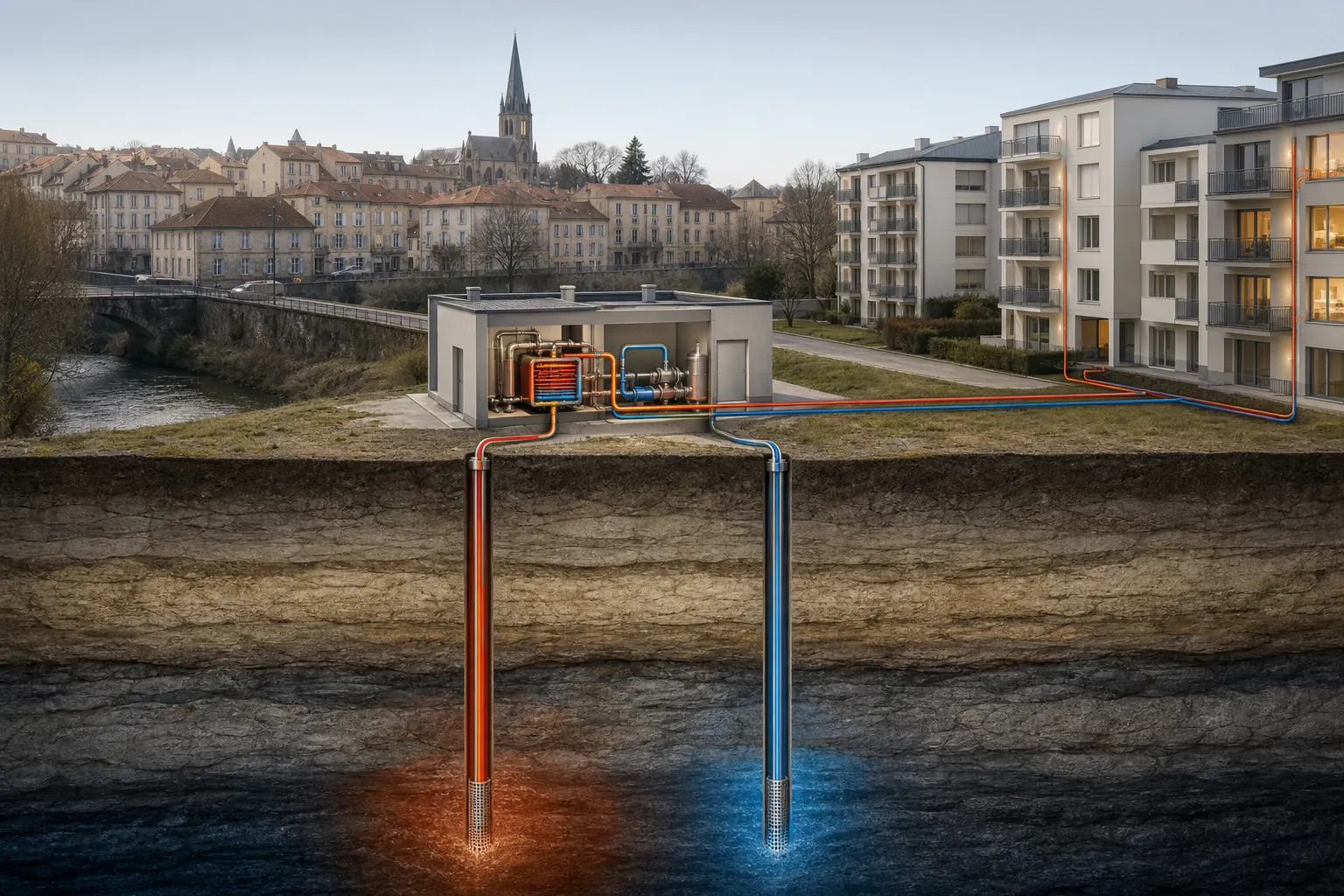 Schéma visuel d'un doublet géothermique et d'un réseau de chaleur