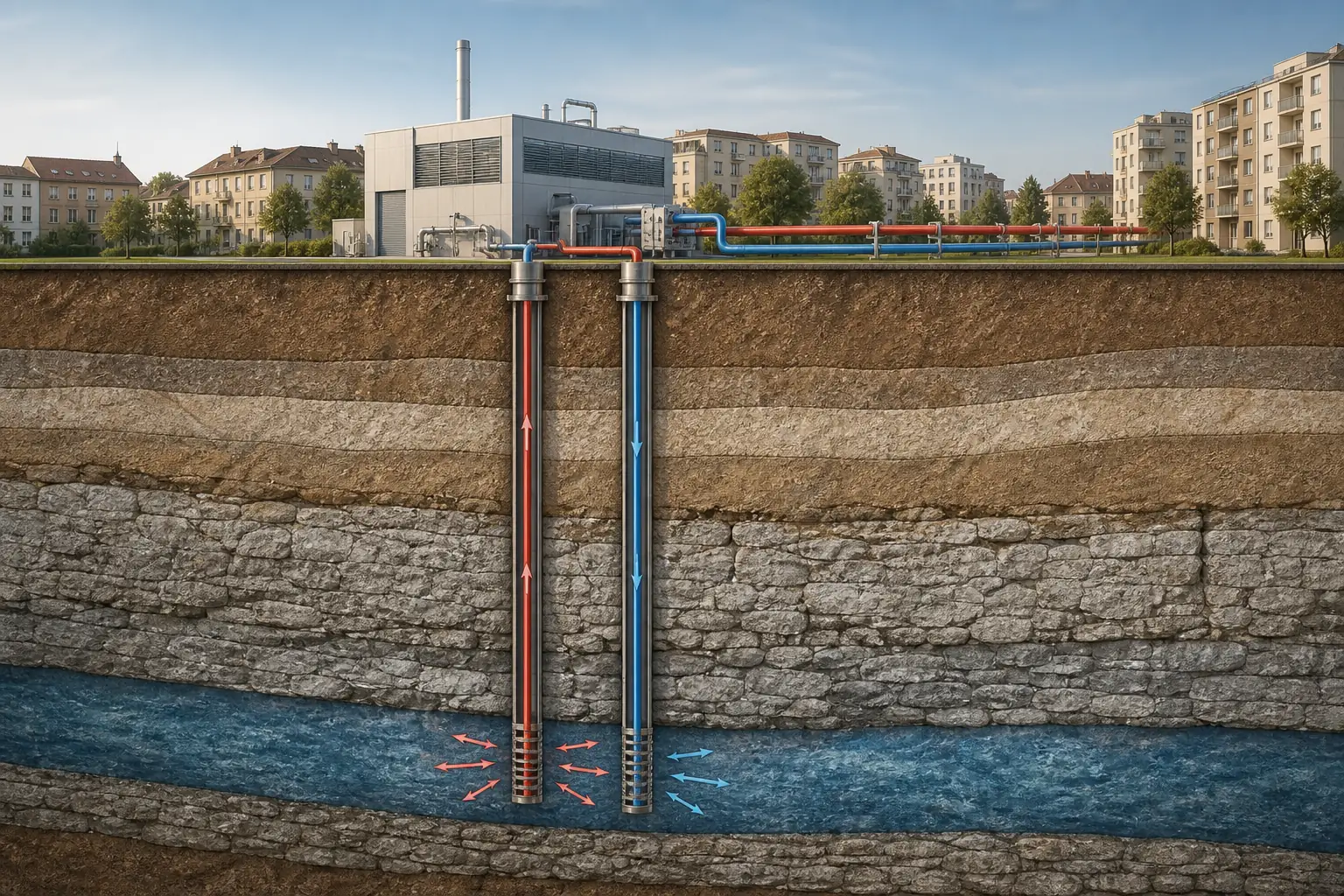 Schéma de doublet géothermique avec production, échange thermique et réinjection